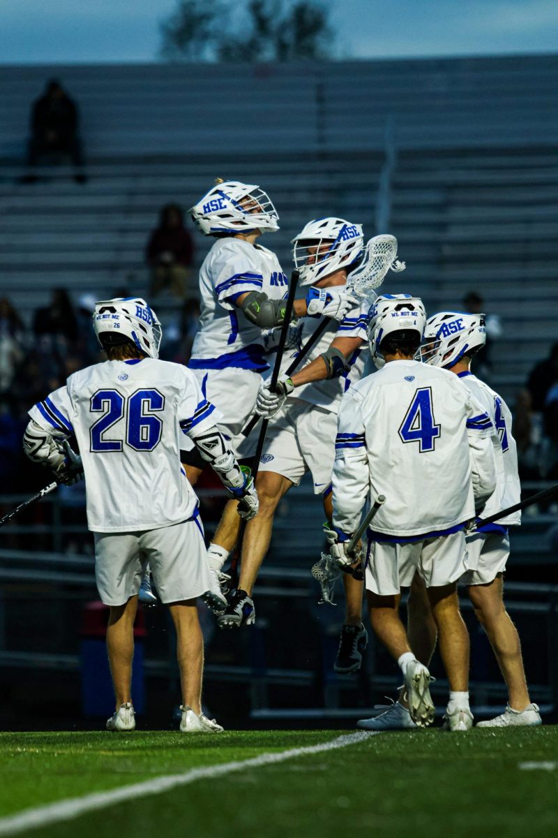 Senior Braden Myers Celebrates with Teammates Kyle Jenkins, David Gould, Max Kemp, after a goal from Dillon O'Rourke