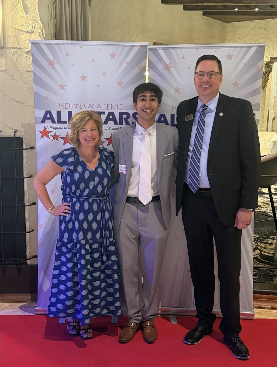 Kahaan Modi with Hamilton Southeastern Principal Dr. McCaffery and Mrs. Bakle at the Indiana Academic All-Stars Ceremony on April 23, 2026. Provided by HSE Admin